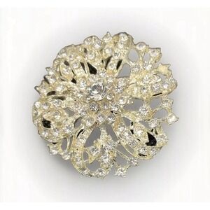 Silver Brooch Pin Round‎ with Clear Rhinestones Sparkly